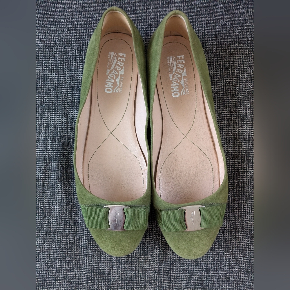 Salvatore Ferragamo Varina Olive Suede Ballet Flats